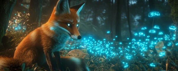 Vivid wide-angle view of a curious fox interacting with glowing bioluminescent fungi in a lush forest