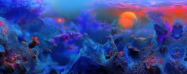 Wide-angle view of a vibrant underwater city