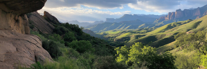 A stunning panoramic view showcasing rolling green hills, mountain ranges, and a dramatic sky, capturing the tranquility and grandeur of nature's beauty.