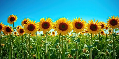 Fototapeta premium Tall sunflowers standing in a field of green grass with bright blue sky above, blooming wildflowers, green grass field