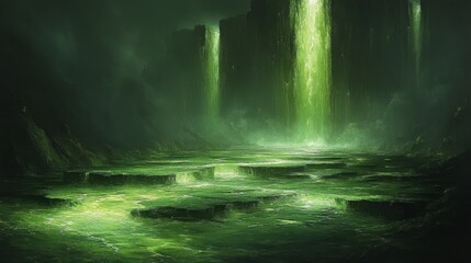 Fototapeta premium Enchanted Green Waterfall Landscape: A Mystical Green Valley