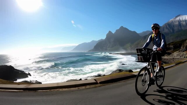 Bicycle ride along a scenic coastal road with ocean waves and mountain views