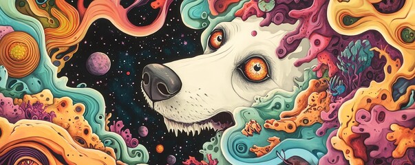 Fototapeta premium Worms-eye view of a curious pet astronaut dog