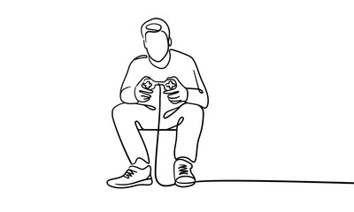 Guy playing video game, continuous line art drawing isolated on white background. Game console. Vector illustration