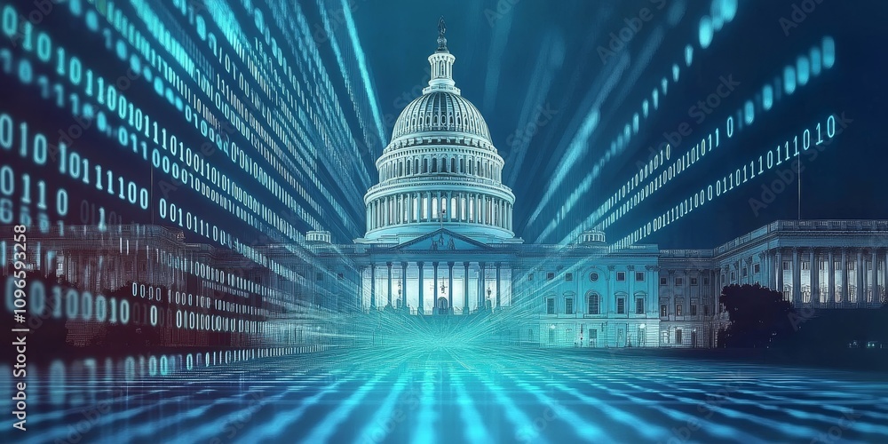 Poster this digital blend of the u.s. capitol, symbolizing democracy, intertwined with binary code, highlig