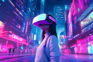 A woman wearing a VR headset in a vibrant, neon-lit cityscape at night.
