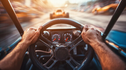 A close-up of a driver’s hands gripping the steering wheel of a buggy, with the dashboard in view, set against a backdrop of racing action