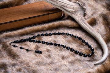 Ottoman Amber Rosary Collection products are natural and concept shot on leather fur (focusing on...