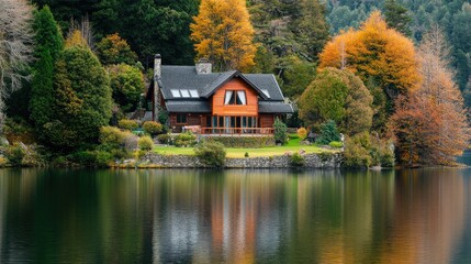 Serene Lakeside Cabin Surrounded by Vibrant Autumn Foliage