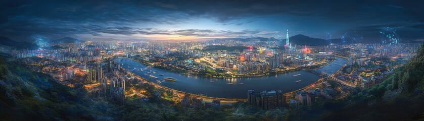 Fototapeta premium Stunning panoramic view of a futuristic city at twilight. Illuminated skyscrapers, winding river, and dramatic sky create a captivating cityscape.