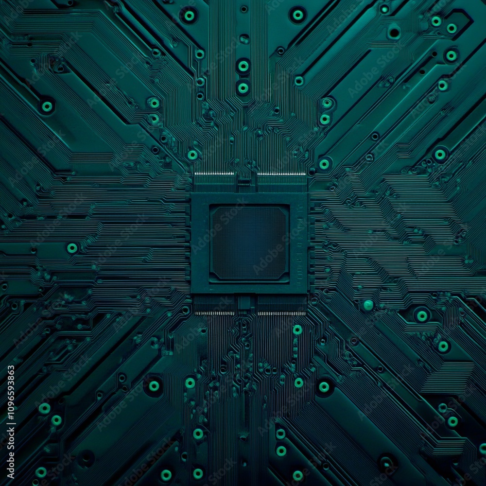 Poster close-up of a teal circuit board with a central processor.