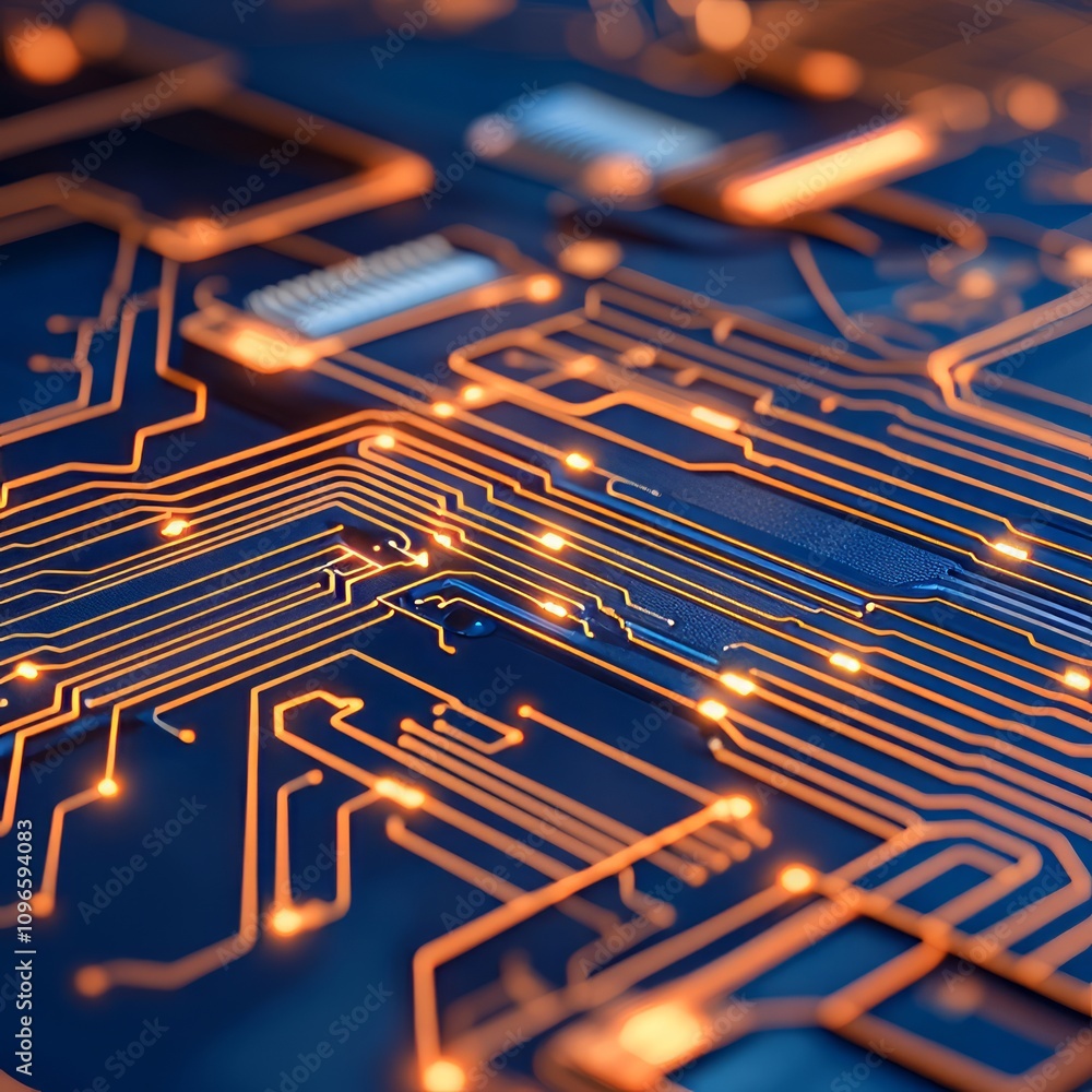 Poster close-up of illuminated circuit board with intricate pathways and glowing connections.