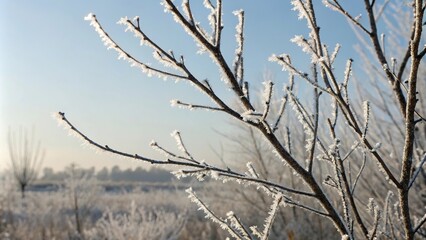 Fototapeta premium Morning frost on small tree branches, tree branch structures, botanical interest, frozen vegetation, seasonal changes, outdoor photography techniques