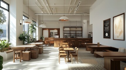 A spacious coffee shop interior with white walls, brown accents, wooden work tables, and a large seating area perfect for productivity