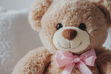 Adorable Fluffy Teddy Bear with Pink Bow Sitting Comfortably on a Soft Surface, Ideal for Children's Rooms or Gift Ideas for Loved Ones