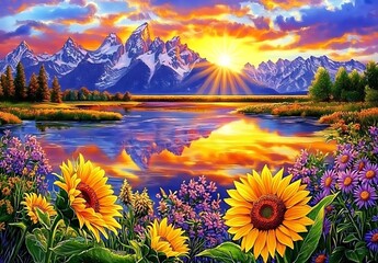 Sunflowers and Wildflowers Blooming Before the Grand Teton Mountains at Sunset with Vibrant Sky, Clouds, and Scenic River Reflections in a Serene Landscape.