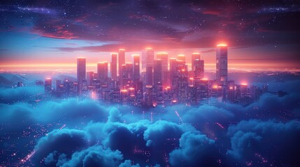 Fototapeta premium A Stunning Futuristic Cityscape Illuminated by Neon Lights Above a Sea of Clouds, Showcasing Advanced Technology and Urban Energy at Dusk