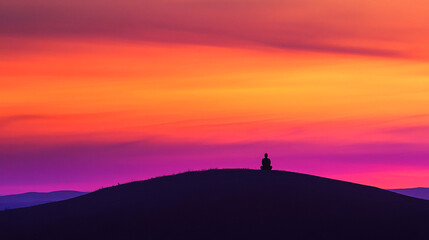 A serene silhouette of a person meditating atop a hill, framed by a breathtaking gradient of sunset colors&mdash;from orange to deep purple.