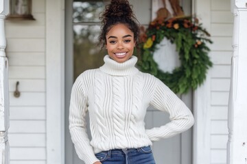 Fototapeta premium African American woman standing on the front porch of their modern farmhouse home, wearing jeans and white turtleneck sweater with cable knit pattern