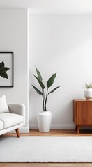 White sofa, plant, rug, and wooden cabinet in a minimalistic interior.