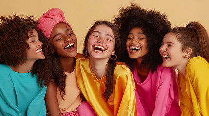 Fototapeta premium A group of multi-ethnic girls, laughing together, dressed in colorful outfits, beige background