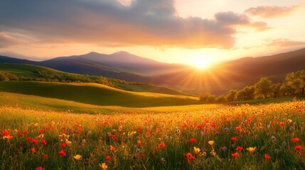 Vibrant Rolling Hills Blanketed with Colorful Wildflowers Under a Golden Sunset Sky, Capturing the Essence of Nature's Beauty and Tranquility in Springtime Splendor