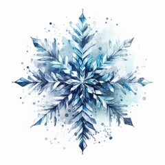 Illustration of watercolor snowflakes in blue and silver tones on a white background. AI generated.