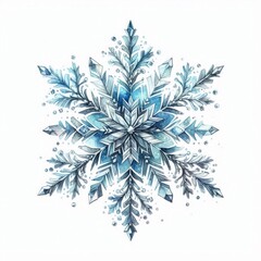 Illustration of watercolor snowflakes in blue and silver tones on a white background. AI generated.