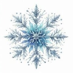 Illustration of watercolor snowflakes in blue and silver tones on a white background. AI generated.