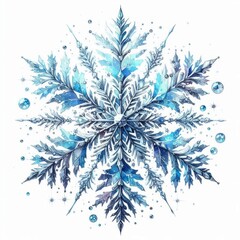Illustration of watercolor snowflakes in blue and silver tones on a white background. AI generated.