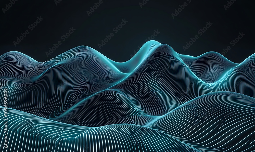 Poster abstract digital landscape with glowing lines creating wave-like forms.