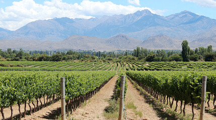 Fototapeta premium A picturesque vineyard with rows of grapevines, mountains rising in the distance