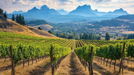 Naklejka premium A picturesque vineyard with rows of grapevines, mountains rising in the distance