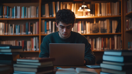 A student in a library, focused on his laptop, surrounded by books and notes, preparing for exams
