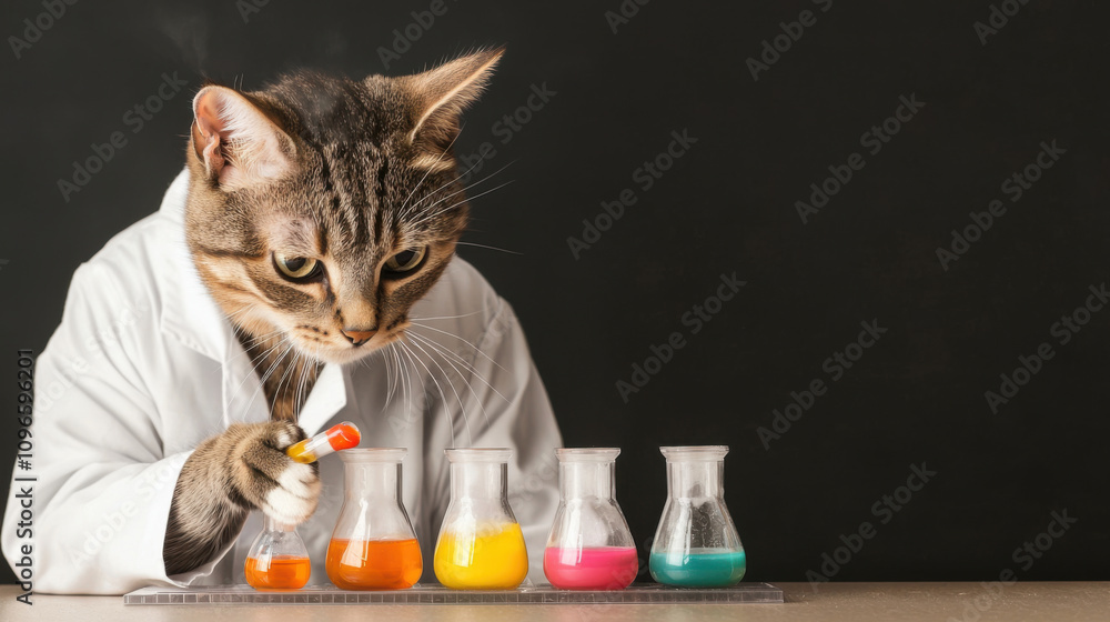 Poster Tabby cat in lab coat conducting colorful experiments with beakers