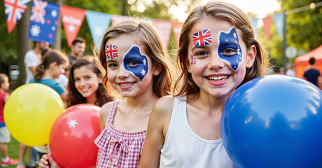 Kids with Australian flag face paint celebrating with balloons and smiles