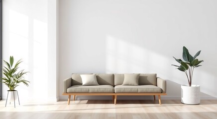 Minimalist living room with a beige sofa, two pillows, and a plant in a white pot.
