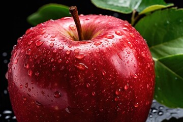 A juicy apple with a deep red color, adorned with a lush green leaf. The surface is covered in tiny water droplets, suggesting it's just been washed.