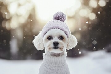 white maltipoo wearing a pastel color knit sweater and hat, sunny snowy bokeh background, winter...