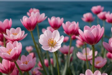 Vibrant Spring Flower Closeup on Ocean Background