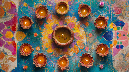 A vibrant Diwali celebration scene with diyas (oil lamps) arranged in a religious formation, surrounded by colorful rangoli patterns and festive decoration