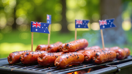 Grilled sausages with Australian flag toothpicks for a backyard celebration
