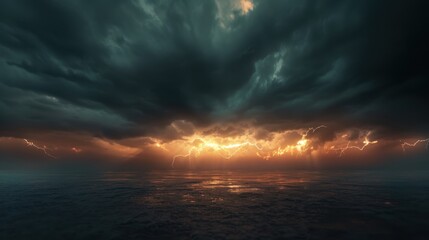 Fototapeta premium Lightning's abstract streaks light up the sky. Thunder rolls, signaling the storm's intensity.
