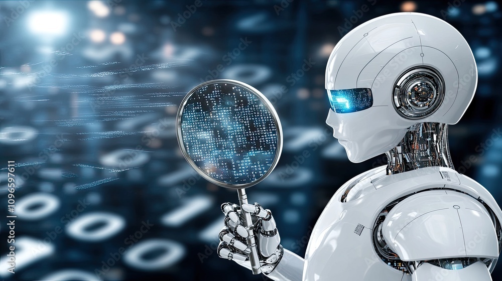 Poster a humanoid robot inspects data with a magnifying glass, surrounded by floating numbers and code symb