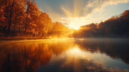Fototapeta premium Serene Lakeside at Dawn with Rising Mist and Gentle Sunlight Illuminating Autumn Trees and Reflecting on Calm Waters in a Tranquil Landscape