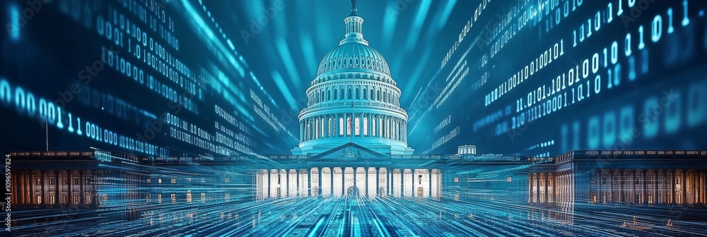 Poster the merger of the u.s. capitol and binary code symbolizes technologys impact on government, enhancin