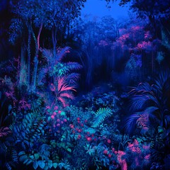 Obraz premium Ethereal neon blue and pink tropical rainforest at night. Lush foliage, vibrant colors, mysterious atmosphere. Perfect for fantasy, sci-fi, or nature themes.