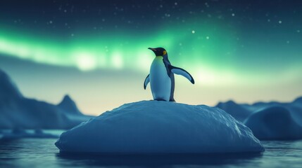Obraz premium Penguin under northern lights, serene atmosphere 