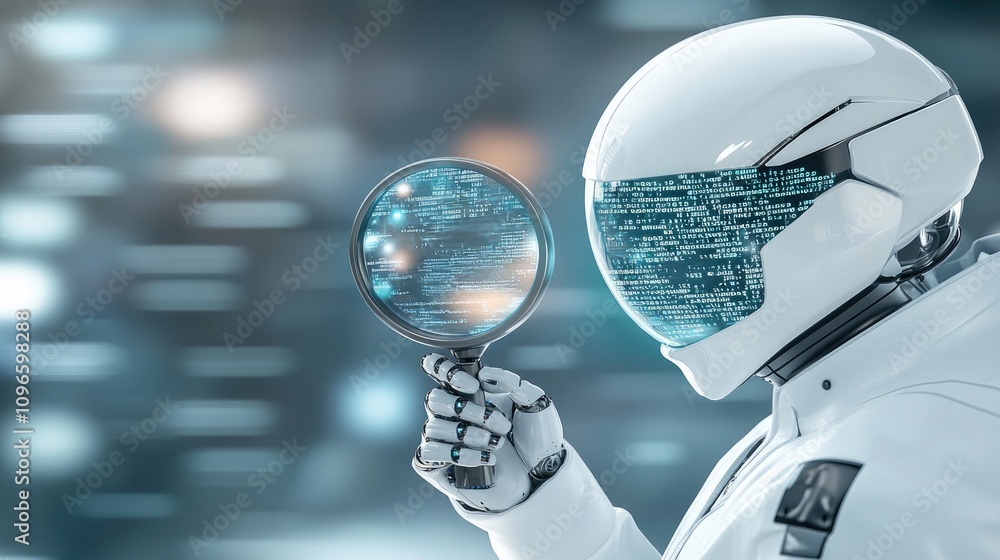 Poster a humanoid robot inspects data with a magnifying glass, surrounded by floating numbers and code symb