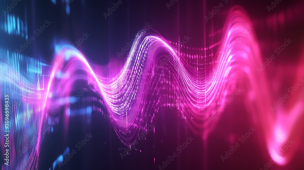Poster abstract digital wave pattern with vibrant colors representing data flow and technology.